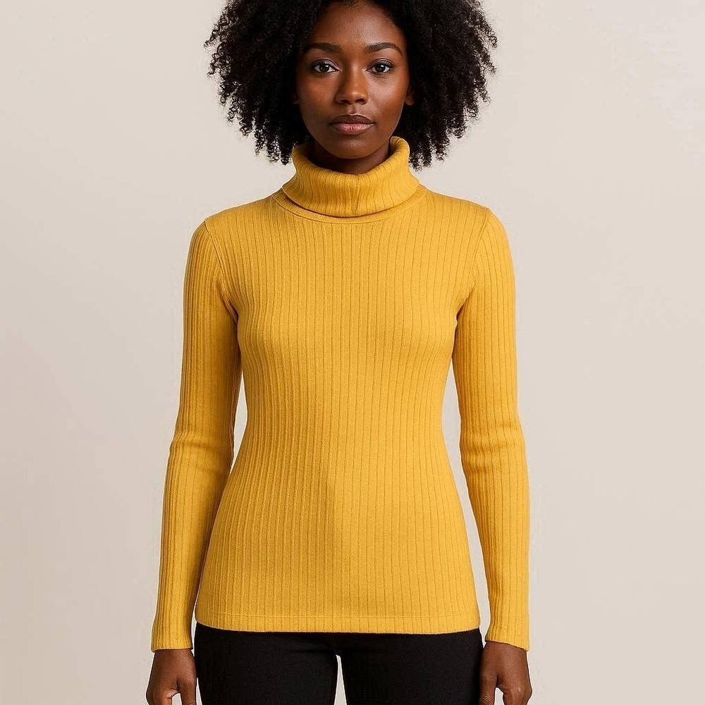 Women's Mustard Yellow Ribbed Turtleneck Sweater One Size Ochre High neck Cowl
